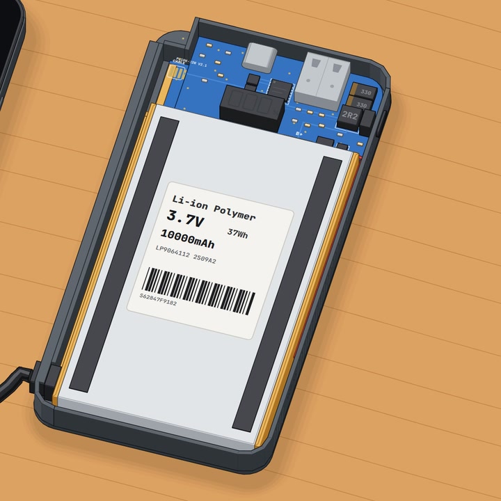 Power bank: Power bank 10.000 mAh dibuka: satu sel lithium polymer 3,7 V, papan penaik tegangan di ujung colokan, dan kabel USB-C bawaan yang masuk dari ujung satunya.